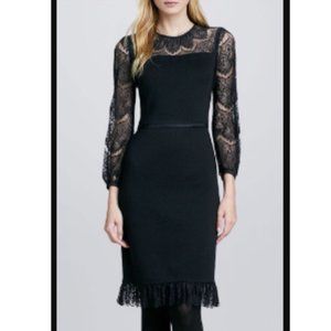 TORY BURCH Tiana Black Lace virgin Wool ruffle hem sheath formal Dress Size 6